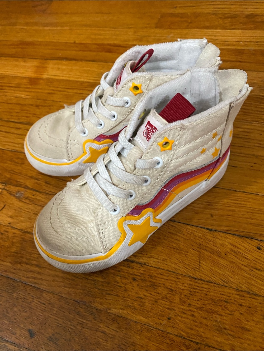 Vans Kids High-Top Sneakers in Cream with Yellow & Pink Stripe